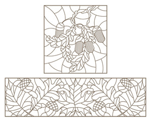 Set contour illustrations of stained glass with leaves of maple, oak, aspen and acorns