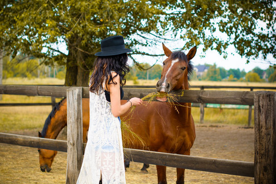 Sweet pretty woman on a rancho near beautiful horses farm posing at camera and have fun, curly brunette girl in american country style 