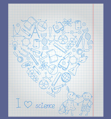 Illustration on  theme of school and science,  contour of icons on the topic of the exact Sciences in the shape of a heart on notebook sheet in a cage ,  boy, girl pupils, and  words I love science