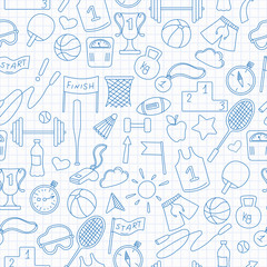 Seamless background on a theme sports and exercise, blue  contour  icons on the clean writing-book sheet in a cage