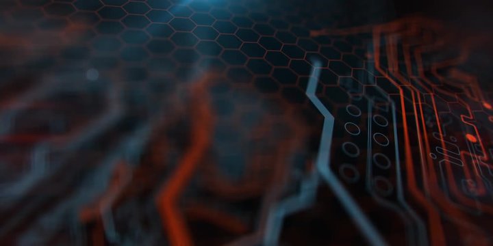Terminal video. Technology background. Circuit board futuristic server code processing. PCB, Code, HTML. Orange,  blue background with digital integrated network technology. Printed circuit board. 