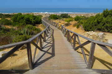 Wooden walkway giving access to the beach of La Barrosa in Sancti Petri, Cadiz, Spain.