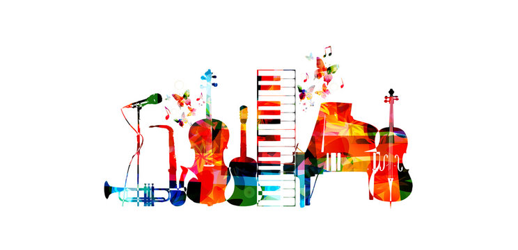 Music poster with music instruments. Colorful microphone, piano, saxophone, trumpet, violoncello, contrabass and guitar isolated vector illustration design