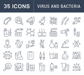 Set Vector Flat Line Icons Bacteria and Virus
