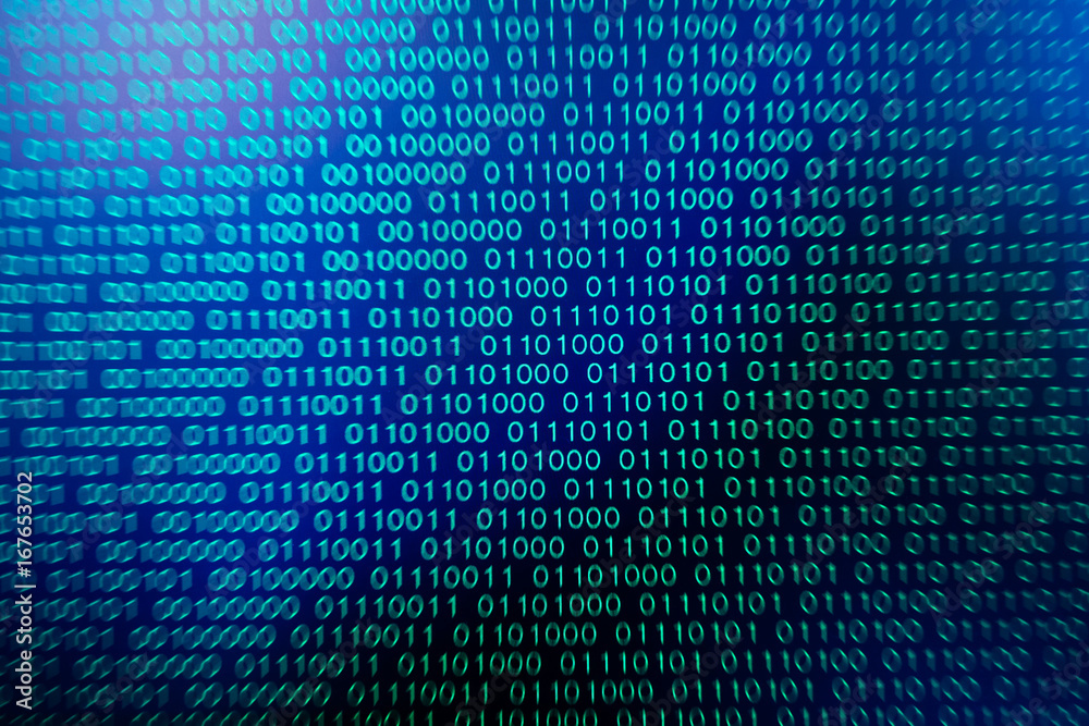 Wall mural binary code green blue digital color on black background with zoom effect for graphic design