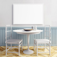 Mock up poster in interior with dining area. living room modern style. 3d illustration