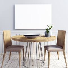 Mock up poster in interior with dining area. living room modern style. 3d illustration
