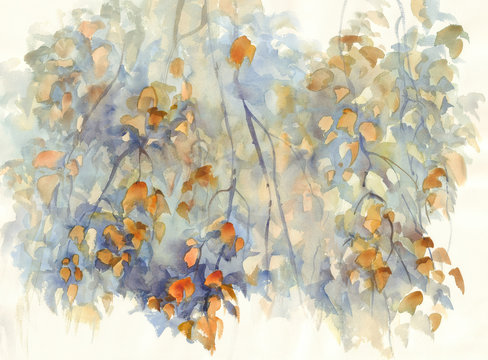 autumn birch branches with leaves watercolor background
