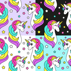 Obraz premium Cute set of childish seamless patterns with cartoon character of magic unicorn