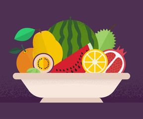 Vector Illustration of Isolated Plate of Fruits on Dark Backgrou