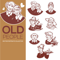 large vector collection of happy old people portraits for your logo, label, and emblems