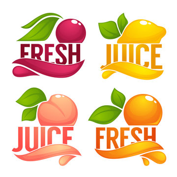 Cherry, Lemon, Orange, Peach, vector collection of dresh fruit and berries juice labels, stickers and emblems