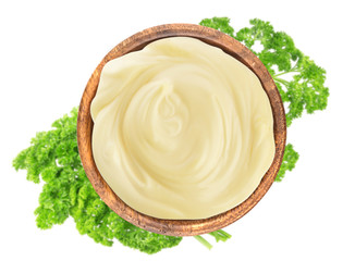 Mayonnaise sauce in bowl, top view