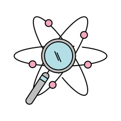 atom molecule with magnifying glass vector illustration design