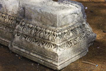 Ancient old ruins of the Lycian in Phaselis Aged stones at the pines forest