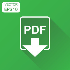 Pdf format download icon. Business concept pdf pictogram. Vector illustration on green background with long shadow.