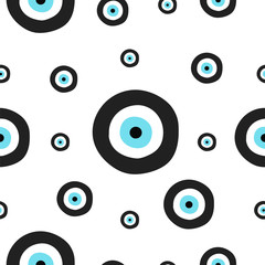 seamless tileable texture with greek evil eye in black and turquoise colors - symbol of protection