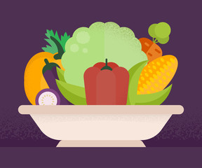Vector Illustration of Isolated Plate of Vegetables on Dark Back