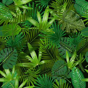 Seamless pattern with tropical palm leaves on black background.