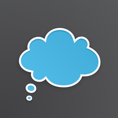 Vector illustration. Blue comic speech bubble for thoughts at cloud shape with white contour. Empty shape in flat style for chat dialogs. Isolated on black background