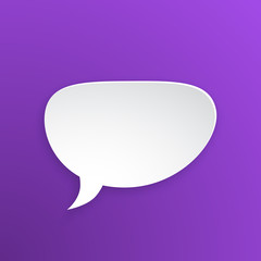 Vector illustration. Comic speech bubble for talk crooked at oval shape in paper version. Empty shape in flat style for chat dialogs. Isolated on violet background