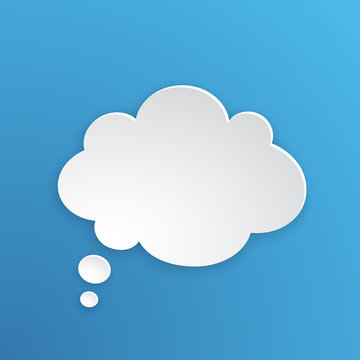 Vector illustration. Comic speech bubble for thoughts at cloud shape in paper version. Empty shape in flat style for chat dialogs. Isolated on blue background