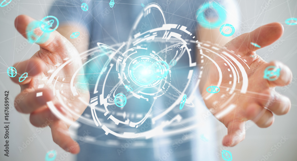 Poster businessman using flying network connection interface 3d rendering