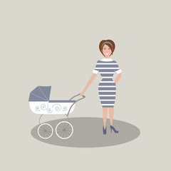 Cute young mother in dark blue dress with white stripes and shoes with high heels. A baby carriage. Gray background. Vector illustration 