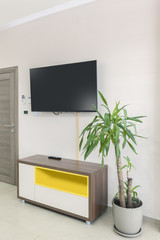wooden shelf and a large TV
