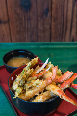 tempura of vegetable and crab with rice bowl