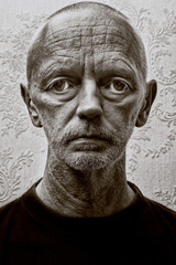 Obraz premium Black and white portrait of an old little green extraterrestrial with a penetrating gaze and a neutral expression in the eyes