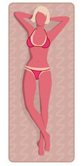 Young woman in a small bikini on the beach towel tanning. Her skin is red from sunburn. EPS10 Vector illustration