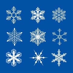Fototapeta na wymiar Set of snowflakes vector icons with blue Background for winter and Christmas decoration. Weather illustration ice collection.