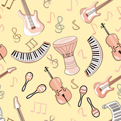 Cartoon cute doodles hand drawn Musical seamless pattern. Endless funny vector illustration. Backdrop with music symbols and items