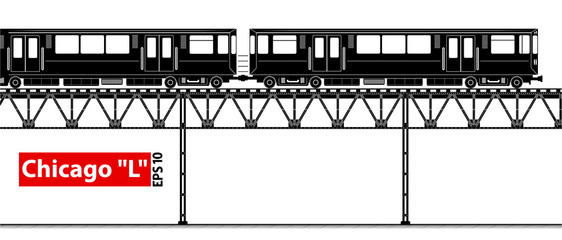 An overground high-speed subway. City ecological transport. A large number of passengers. Black and white contour image.