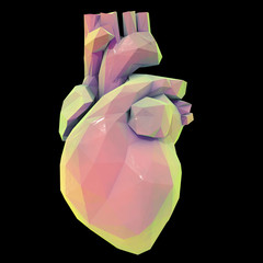 Low polygonal human heart isolated on black background, 3D illustration