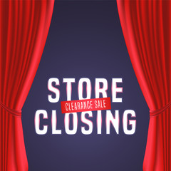 Store closing vector illustration, background with red curtain and bright sign