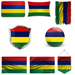 Set of the national flag of Mauritius in different designs on a white background. Realistic vector illustration.