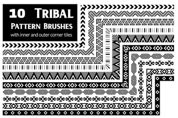 Tribal, ethnic vector pattern brushes with inner and outer corner tiles. Perfect for creating design elements, geometric ornament, frames, borders and more. All used brushes included in brush palette.
