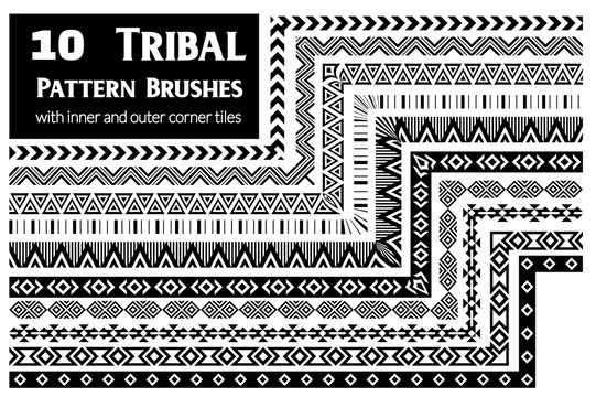 Tribal, ethnic vector pattern brushes with inner and outer corner tiles. Perfect for creating design elements, geometric ornament, frames, borders and more. All used brushes included in brush palette.