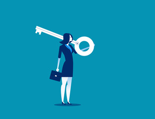 Businesswoman holding giant key on shoulder. Concept business vector illustration.