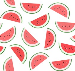 Watermelon, background, seamless, white, vector. Ripe watermelon slices on a white background. Colored, flat background.  