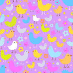 Seamless pattern with cute funny cartoon birds.