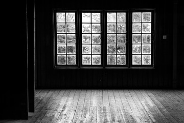 Wooden floor room Against Windows and Outside Light