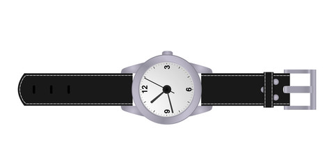 Wristwatch with a black leather strap isolated on a white background. Vector illustration. - 167665753