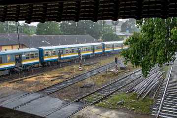High Angle View of Train Station Railroads Under Rain