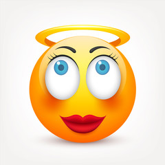 Smiley with blue eyes,emoticon. Yellow face with emotions. Facial expression. 3d realistic emoji. Sad,happy,angry faces.Funny cartoon character.Mood.Vector illustration.