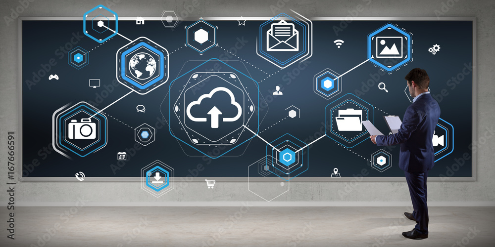 Poster Businessman using social network interface on a board 3D rendering