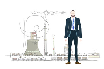 Businessmen in front of Industrial site. Gas and Oil, black gold concept 
