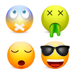 Smiley with blue eyes,emoticon set. Yellow face with emotions. Facial expression. 3d realistic emoji. Sad,happy,angry faces.Funny cartoon character.Mood.Vector illustration.